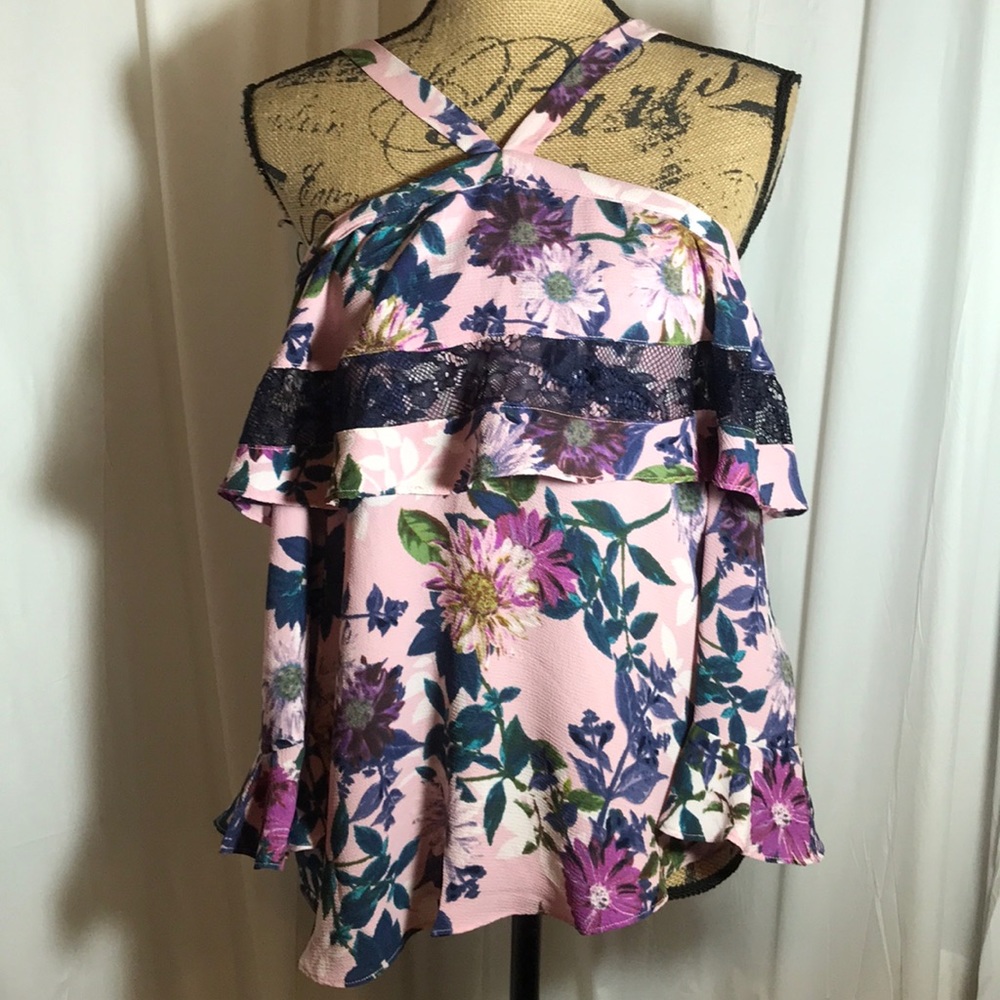 🆕 Cupio Purple Floral Cold Shoulder Ruffle Lace S